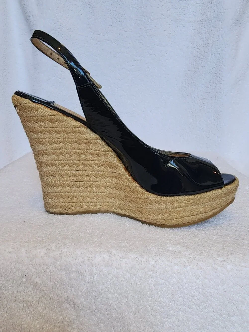 Jimmy Choo Navy Patent Leather Peep Toe Slingback Espadrille Platform Wedges